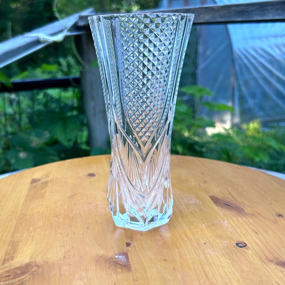 Vintage Crystal Trumpet Vase Clear Diamond Cut Glass 7in Cristal dArques Royale